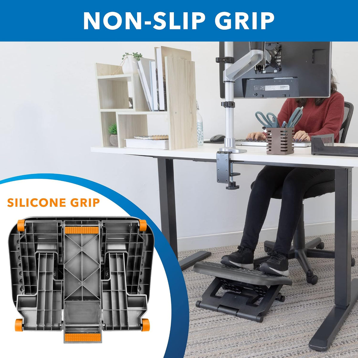 ! Ergonomic Under Desk Footrest with Massage Rollers, Adjustable Height & 30° Tilt Foot Rest Under Desk (4.25"–6.75"), Office Foot Stool with Non Slip Surface