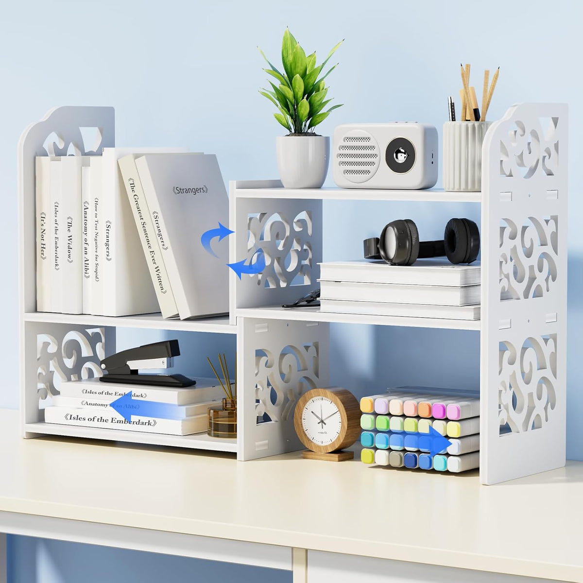 Adjustable Desktop Shelf Organizer, 3-Tier Desk Shelf, White Pattern