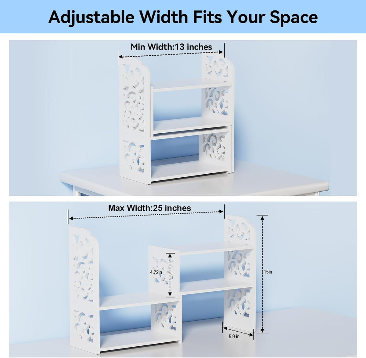 Adjustable Desktop Shelf Organizer, 3-Tier Desk Shelf, White Pattern