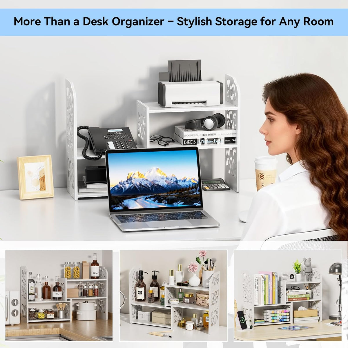 Adjustable Desktop Shelf Organizer, 3-Tier Desk Shelf, White Pattern