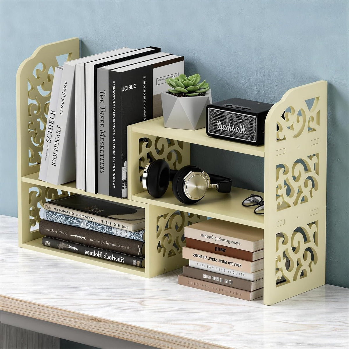Adjustable Desktop Shelf Organizer, 3-Tier Desk Shelf, White Pattern