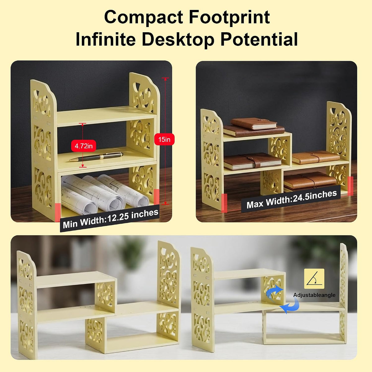 Adjustable Desktop Shelf Organizer, 3-Tier Desk Shelf, White Pattern