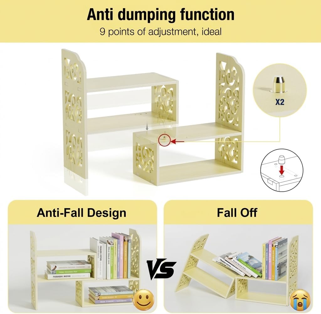 Adjustable Desktop Shelf Organizer, 3-Tier Desk Shelf, White Pattern