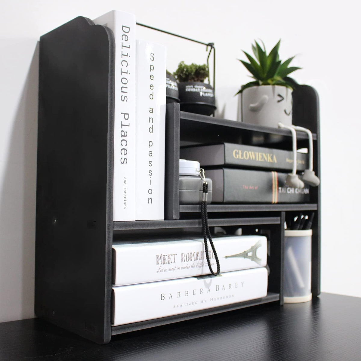 Adjustable Desktop Shelf Organizer, 3-Tier Desk Shelf, White Pattern