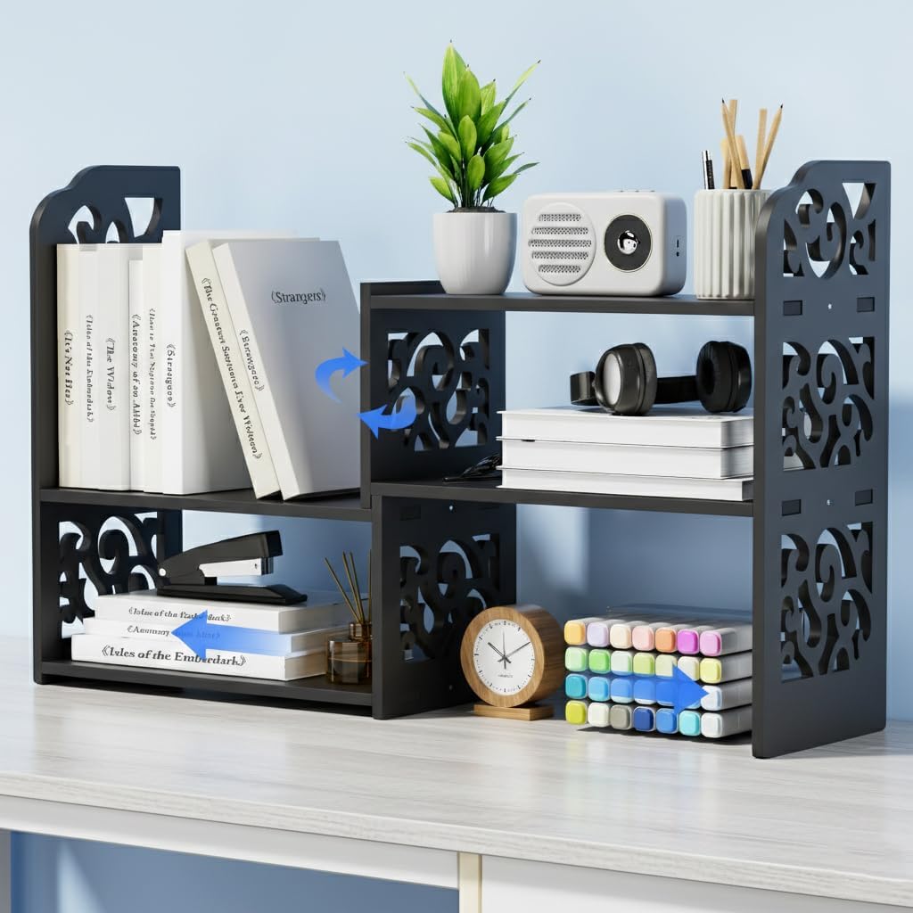 Adjustable Desktop Shelf Organizer, 3-Tier Desk Shelf, White Pattern
