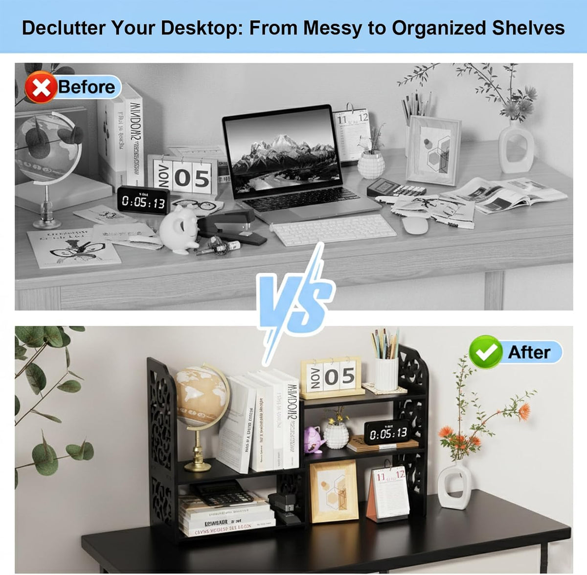 Adjustable Desktop Shelf Organizer, 3-Tier Desk Shelf, White Pattern