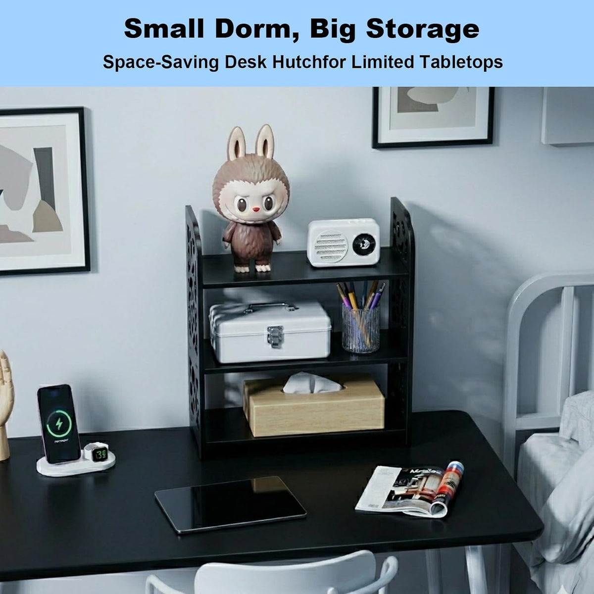 Adjustable Desktop Shelf Organizer, 3-Tier Desk Shelf, White Pattern