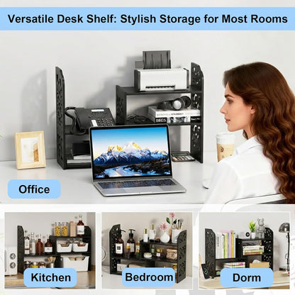 Adjustable Desktop Shelf Organizer, 3-Tier Desk Shelf, White Pattern