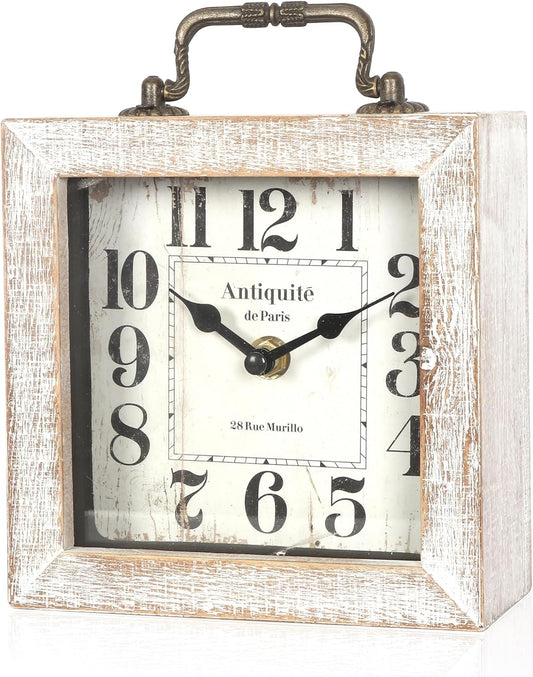 Retro Desk Clock, White Vintage Wooden Table Clock