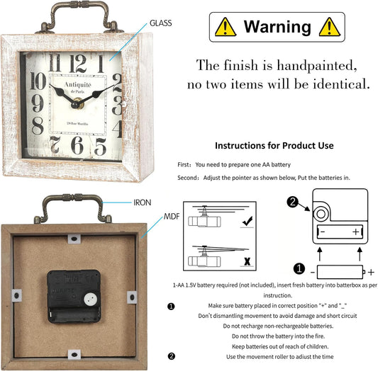 Retro Desk Clock, White Vintage Wooden Table Clock