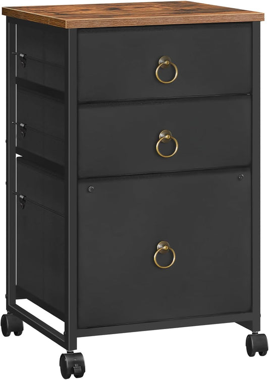 3-Drawer Mobile File Cabinet, Vertical Filing Cabinet, Under Desk Storage Drawers for Home Office, Rolling Printer Stand, A4/Letter-Sized, Nonwovens Drawer, Rustic Brown and Black BFK30WJ01
