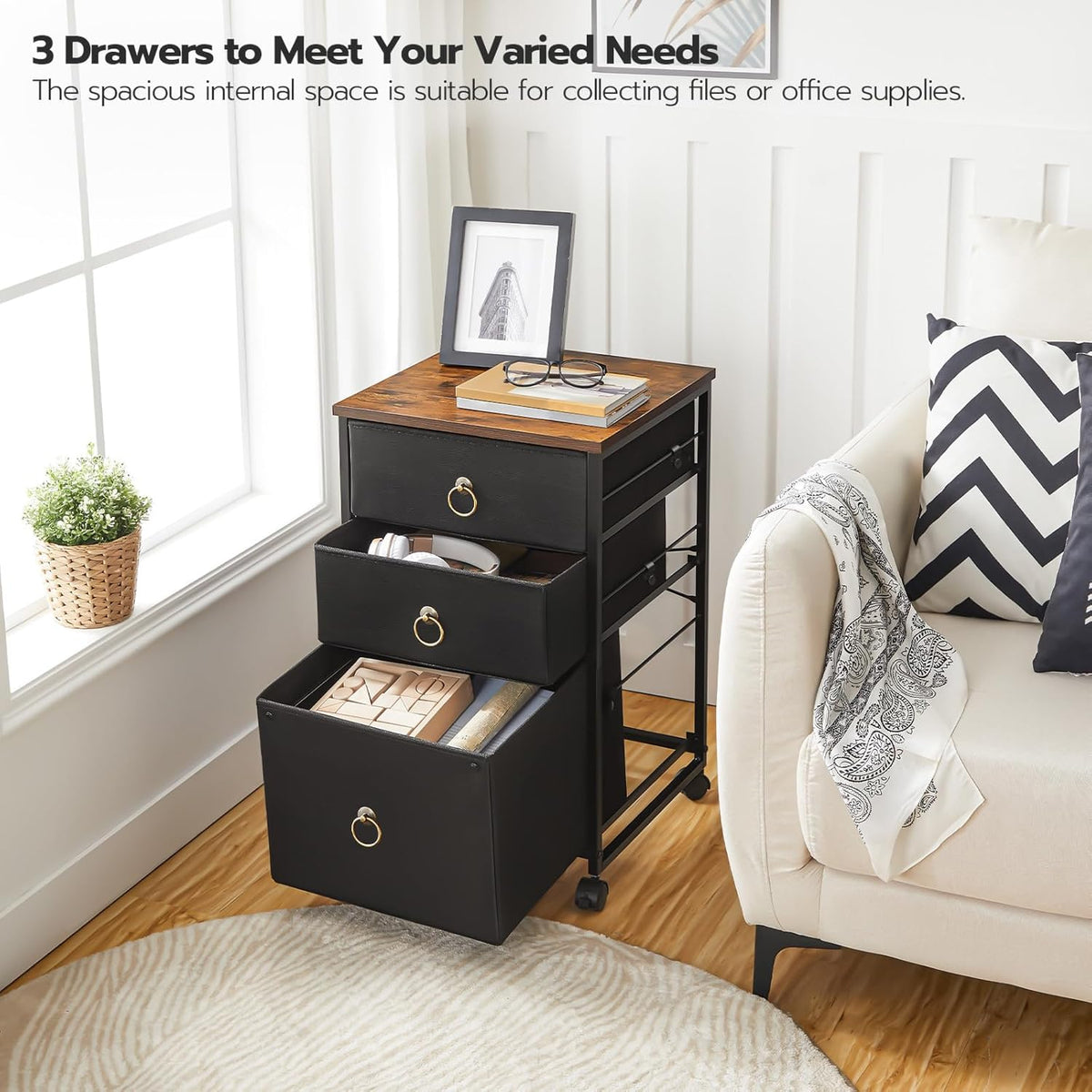 3-Drawer Mobile File Cabinet, Vertical Filing Cabinet, Under Desk Storage Drawers for Home Office, Rolling Printer Stand, A4/Letter-Sized, Nonwovens Drawer, Rustic Brown and Black BFK30WJ01