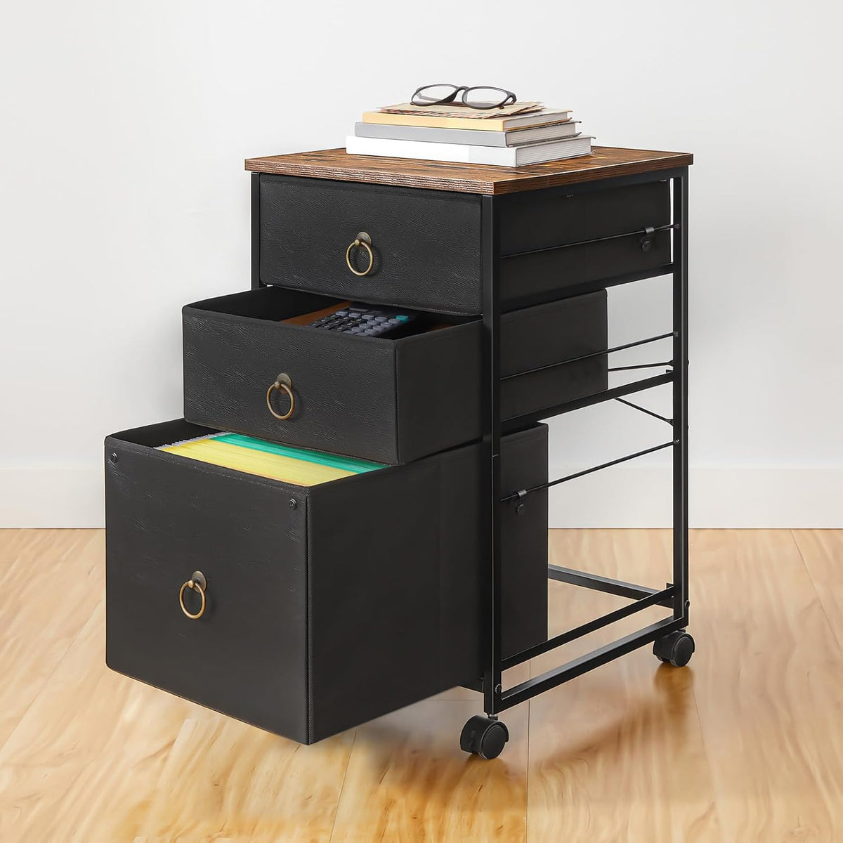 3-Drawer Mobile File Cabinet, Vertical Filing Cabinet, Under Desk Storage Drawers for Home Office, Rolling Printer Stand, A4/Letter-Sized, Nonwovens Drawer, Rustic Brown and Black BFK30WJ01