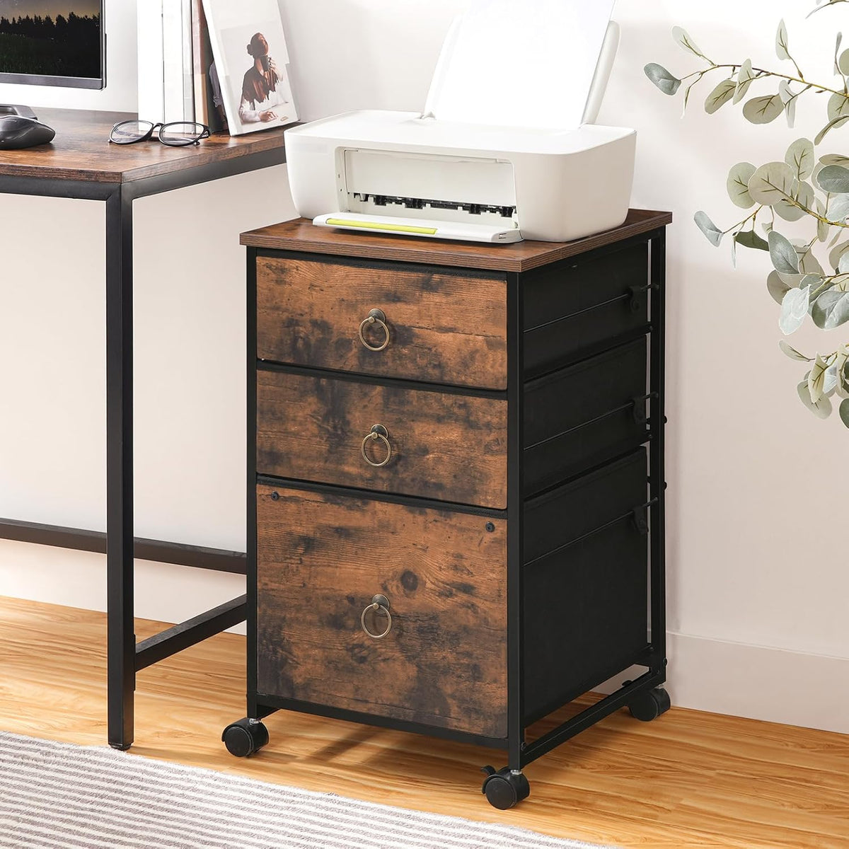 3-Drawer Mobile File Cabinet, Vertical Filing Cabinet, Under Desk Storage Drawers for Home Office, Rolling Printer Stand, A4/Letter-Sized, Nonwovens Drawer, Rustic Brown and Black BFK30WJ01