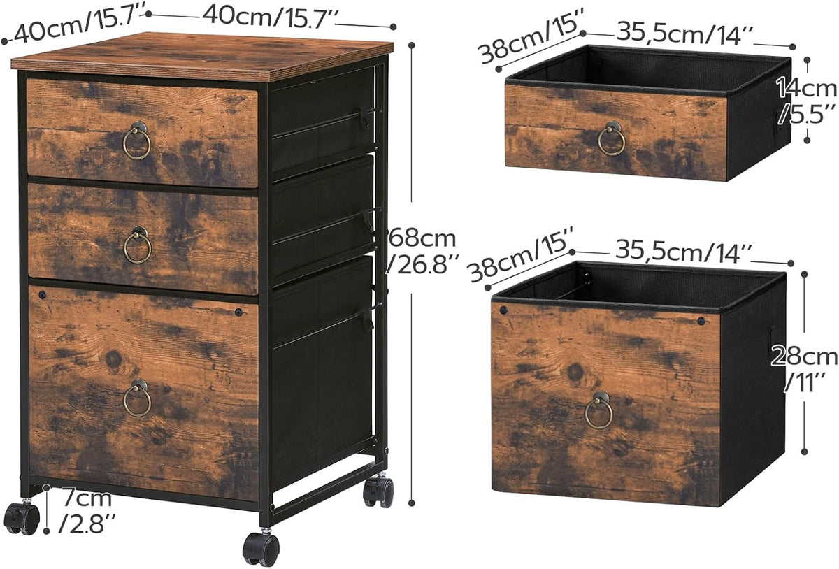 3-Drawer Mobile File Cabinet, Vertical Filing Cabinet, Under Desk Storage Drawers for Home Office, Rolling Printer Stand, A4/Letter-Sized, Nonwovens Drawer, Rustic Brown and Black BFK30WJ01