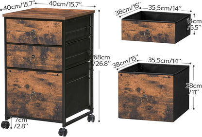 3-Drawer Mobile File Cabinet, Vertical Filing Cabinet, Under Desk Storage Drawers for Home Office, Rolling Printer Stand, A4/Letter-Sized, Nonwovens Drawer, Rustic Brown and Black BFK30WJ01