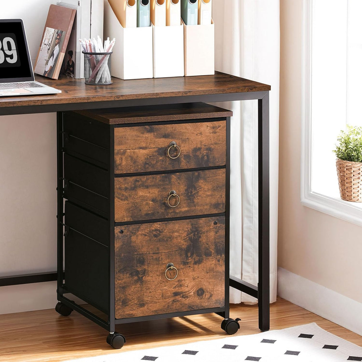 3-Drawer Mobile File Cabinet, Vertical Filing Cabinet, Under Desk Storage Drawers for Home Office, Rolling Printer Stand, A4/Letter-Sized, Nonwovens Drawer, Rustic Brown and Black BFK30WJ01