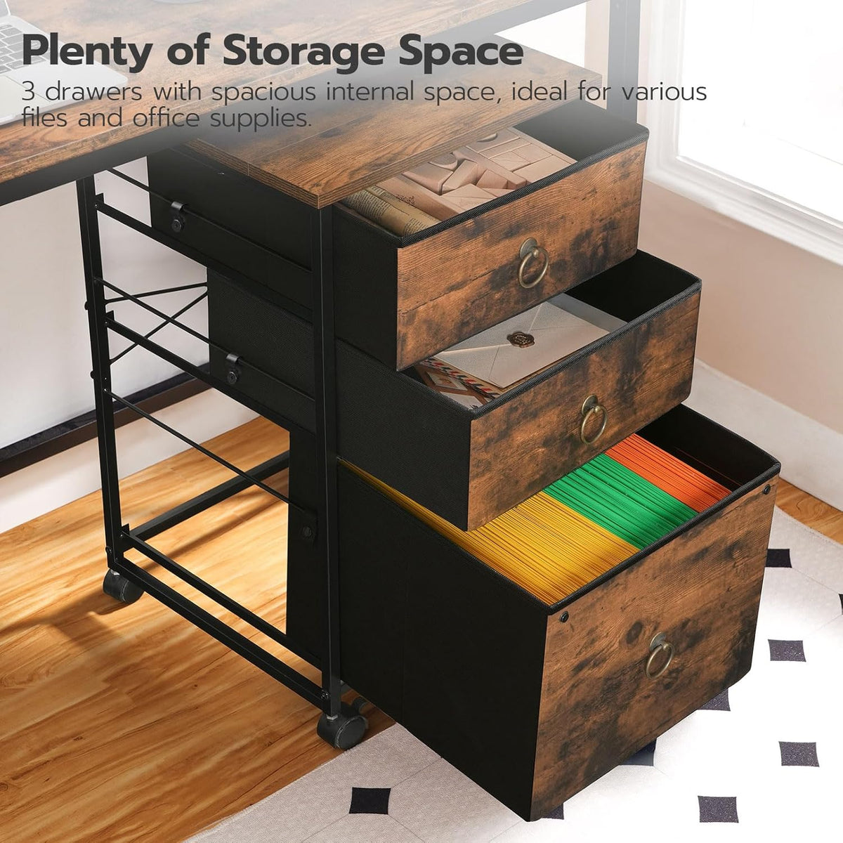 3-Drawer Mobile File Cabinet, Vertical Filing Cabinet, Under Desk Storage Drawers for Home Office, Rolling Printer Stand, A4/Letter-Sized, Nonwovens Drawer, Rustic Brown and Black BFK30WJ01