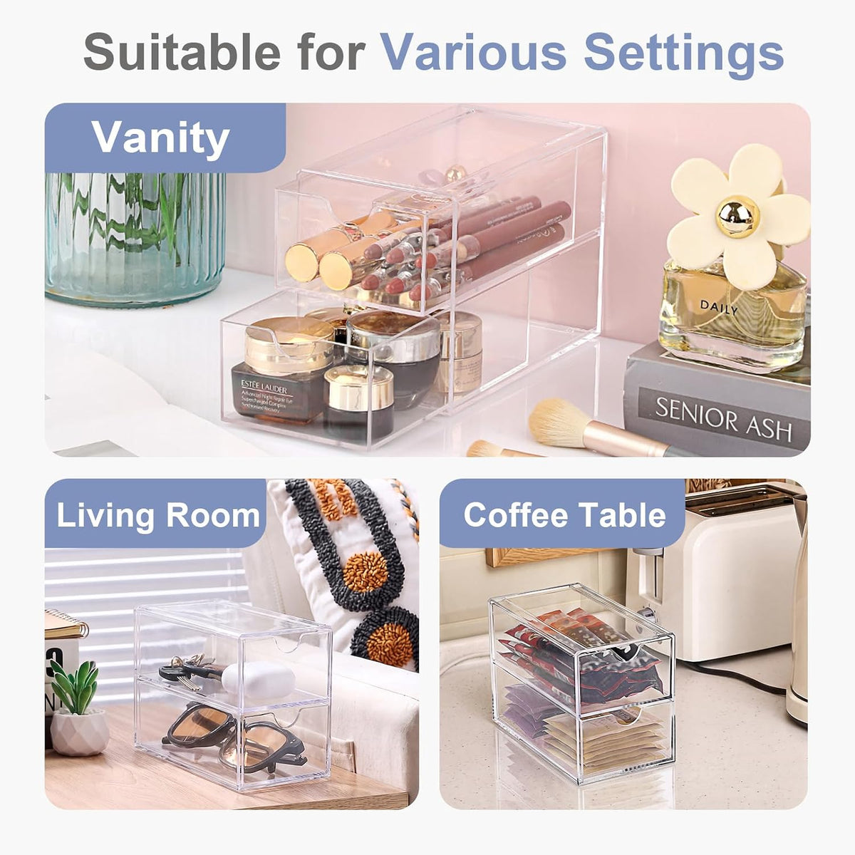 3 Drawers Acrylic Drawer Organizer 3-Tier Clear Desktop Organizer