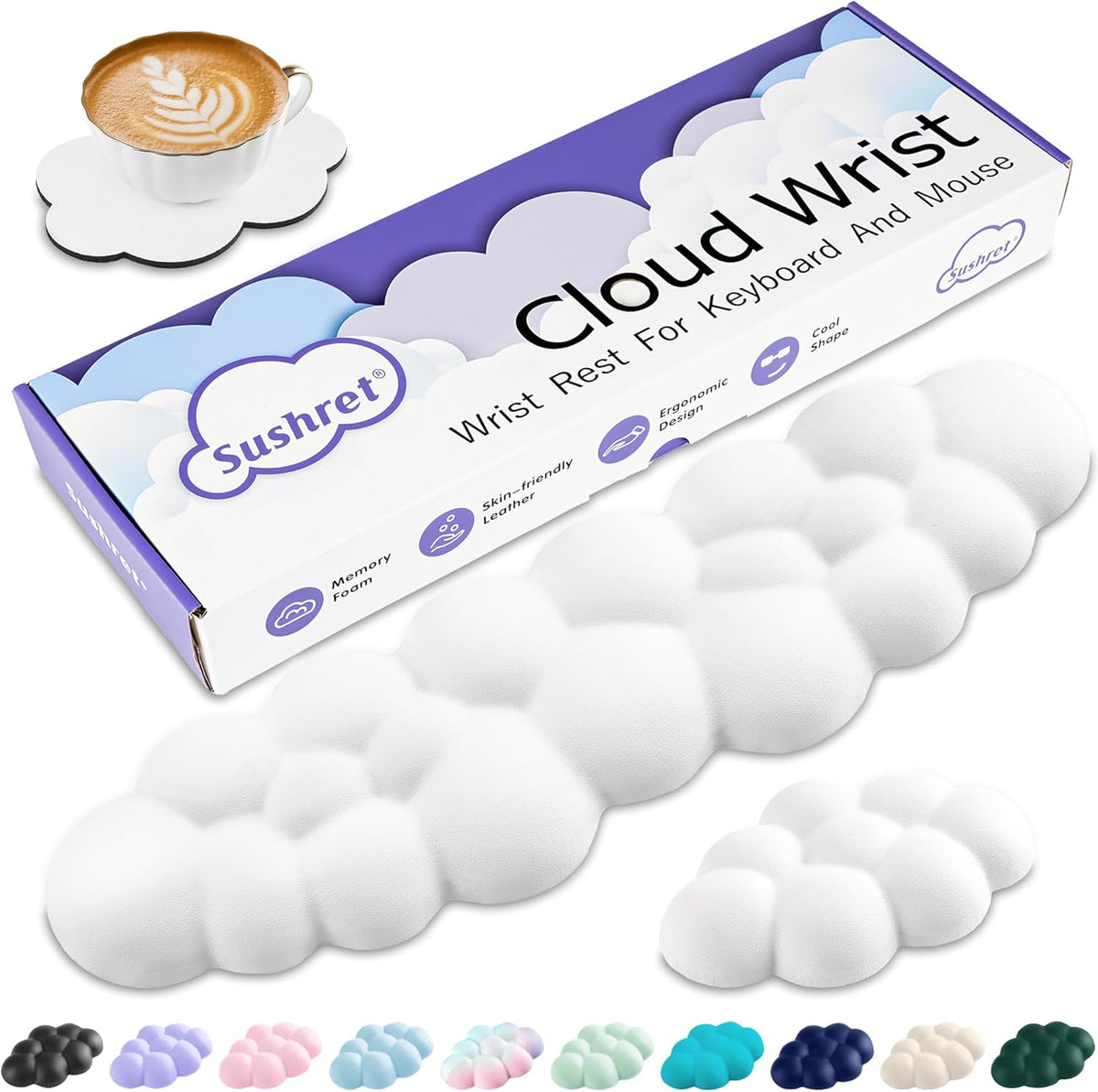 Cloud Wrist Rest Keyboard, Cloud Keyboard Wrist Pad Set with PU Leather Memory Foam, Cute Arm Rest for Palm Support, PC/Gaming Desk Accessories/Office Setup/Computer Hand Cushion - White