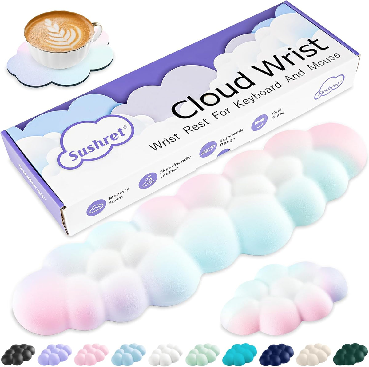 Cloud Wrist Rest Keyboard, Cloud Keyboard Wrist Pad Set with PU Leather Memory Foam, Cute Arm Rest for Palm Support, PC/Gaming Desk Accessories/Office Setup/Computer Hand Cushion - White