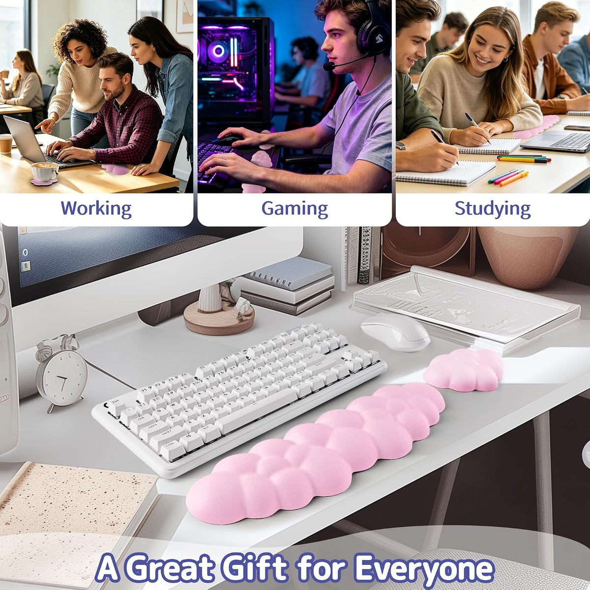 Cloud Wrist Rest Keyboard, Cloud Keyboard Wrist Pad Set with PU Leather Memory Foam, Cute Arm Rest for Palm Support, PC/Gaming Desk Accessories/Office Setup/Computer Hand Cushion - White