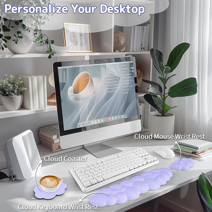 Cloud Wrist Rest Keyboard, Cloud Keyboard Wrist Pad Set with PU Leather Memory Foam, Cute Arm Rest for Palm Support, PC/Gaming Desk Accessories/Office Setup/Computer Hand Cushion - White