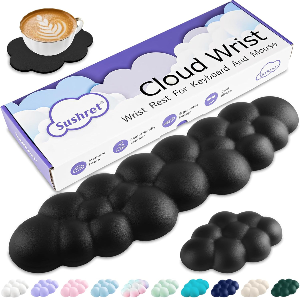 Cloud Wrist Rest Keyboard, Cloud Keyboard Wrist Pad Set with PU Leather Memory Foam, Cute Arm Rest for Palm Support, PC/Gaming Desk Accessories/Office Setup/Computer Hand Cushion - White