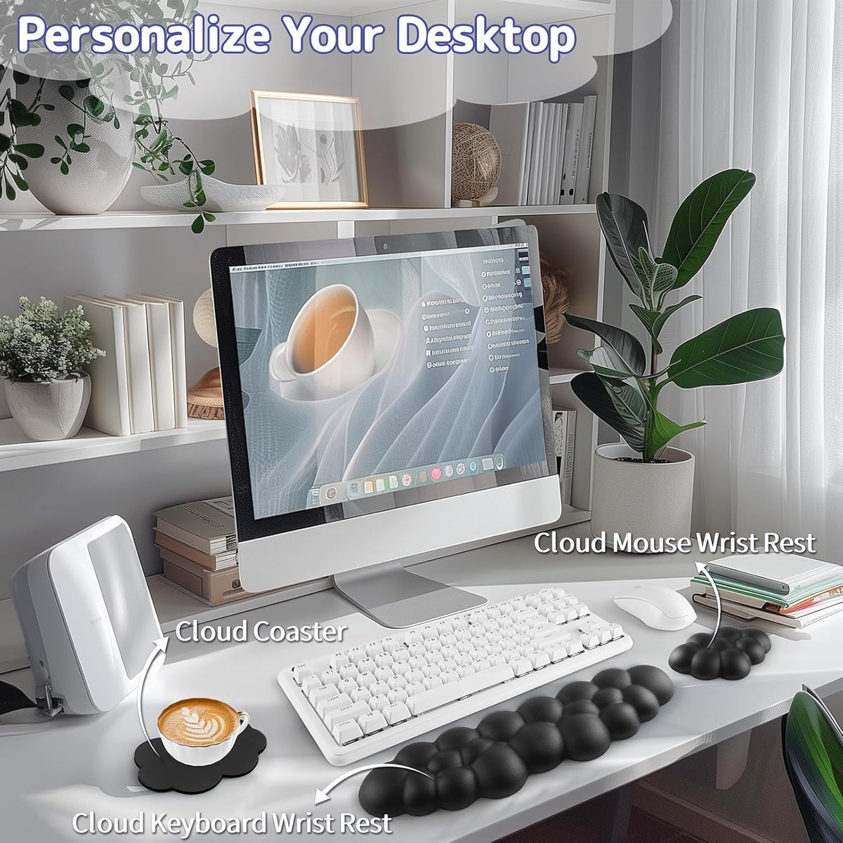 Cloud Wrist Rest Keyboard, Cloud Keyboard Wrist Pad Set with PU Leather Memory Foam, Cute Arm Rest for Palm Support, PC/Gaming Desk Accessories/Office Setup/Computer Hand Cushion - White