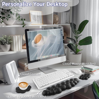 Cloud Wrist Rest Keyboard, Cloud Keyboard Wrist Pad Set with PU Leather Memory Foam, Cute Arm Rest for Palm Support, PC/Gaming Desk Accessories/Office Setup/Computer Hand Cushion - White