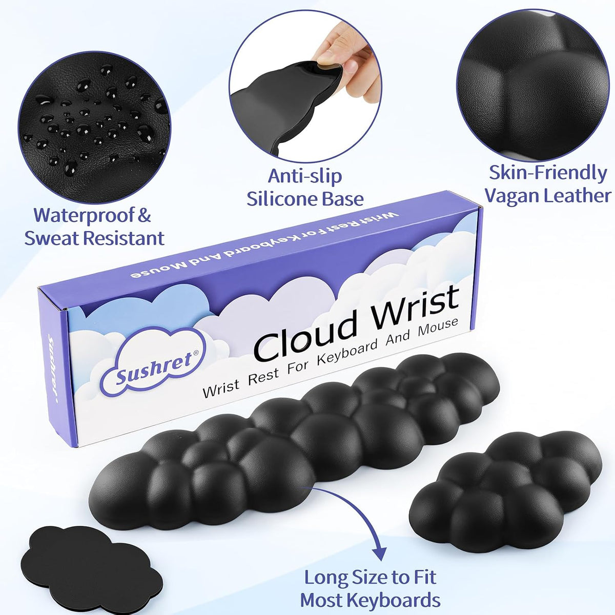 Cloud Wrist Rest Keyboard, Cloud Keyboard Wrist Pad Set with PU Leather Memory Foam, Cute Arm Rest for Palm Support, PC/Gaming Desk Accessories/Office Setup/Computer Hand Cushion - White