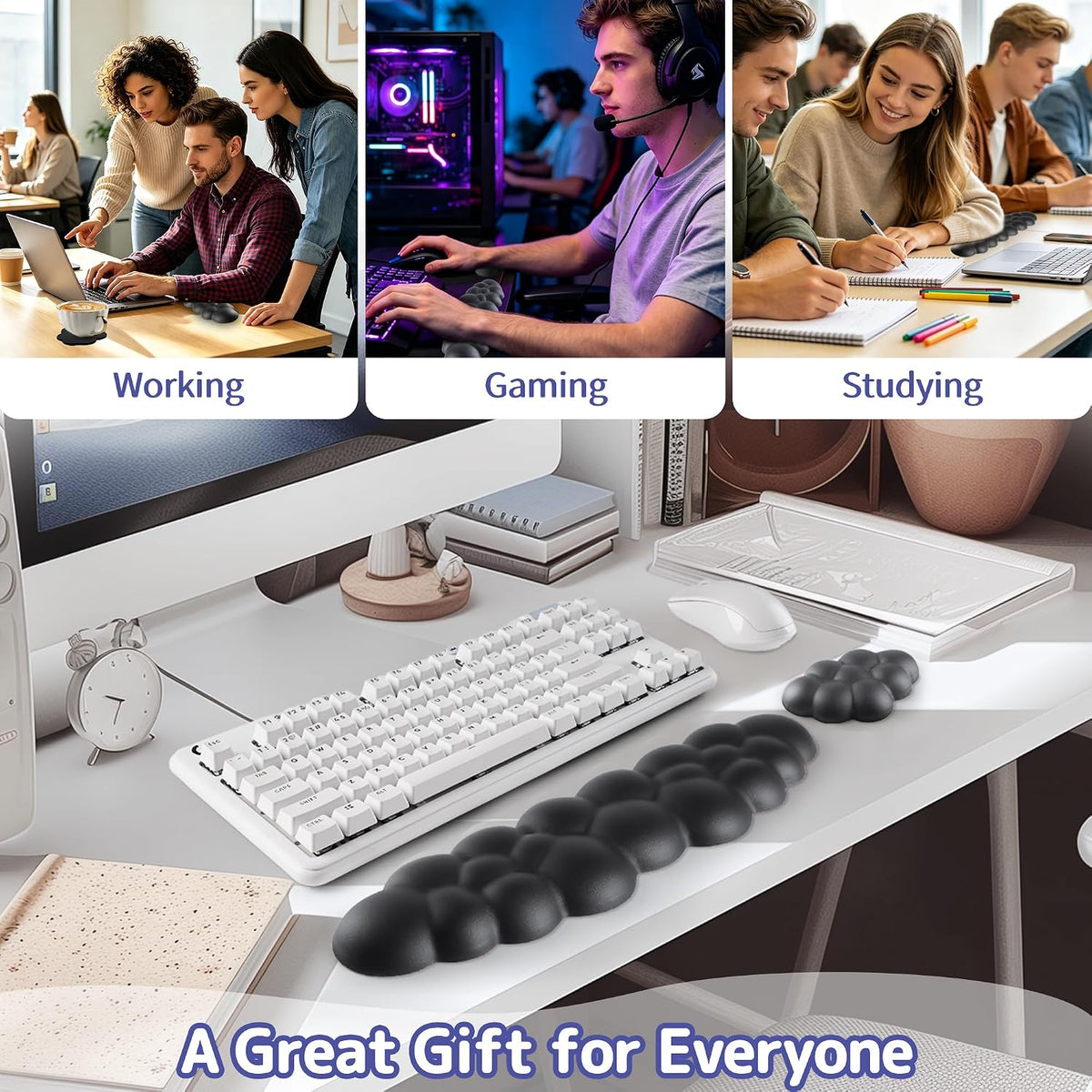 Cloud Wrist Rest Keyboard, Cloud Keyboard Wrist Pad Set with PU Leather Memory Foam, Cute Arm Rest for Palm Support, PC/Gaming Desk Accessories/Office Setup/Computer Hand Cushion - White