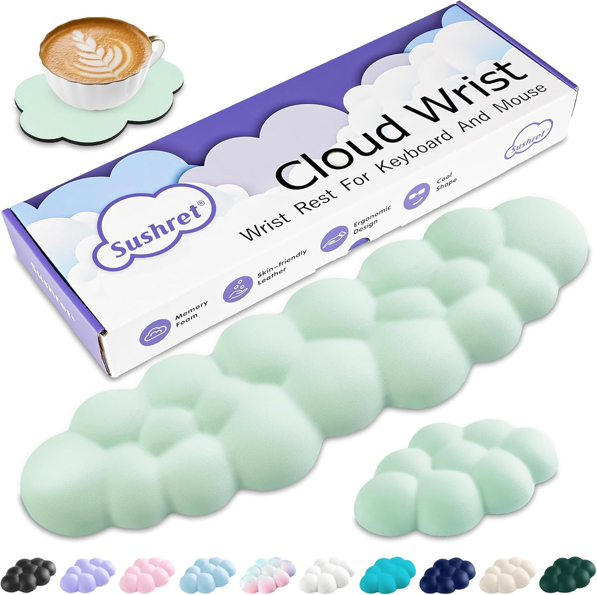 Cloud Wrist Rest Keyboard, Cloud Keyboard Wrist Pad Set with PU Leather Memory Foam, Cute Arm Rest for Palm Support, PC/Gaming Desk Accessories/Office Setup/Computer Hand Cushion - White