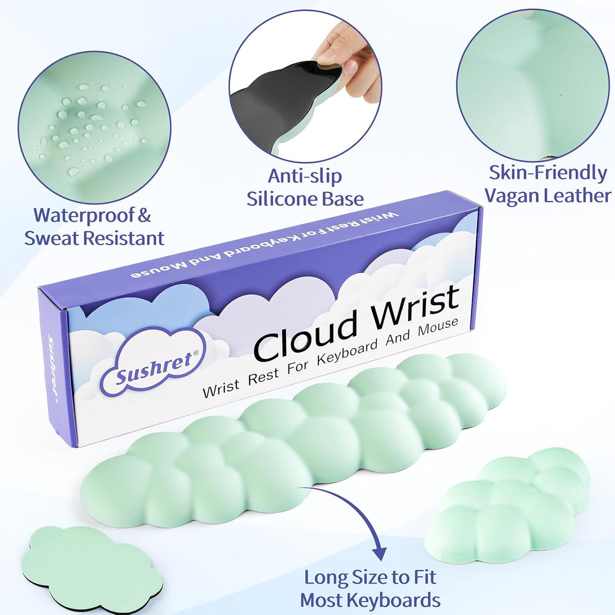 Cloud Wrist Rest Keyboard, Cloud Keyboard Wrist Pad Set with PU Leather Memory Foam, Cute Arm Rest for Palm Support, PC/Gaming Desk Accessories/Office Setup/Computer Hand Cushion - White