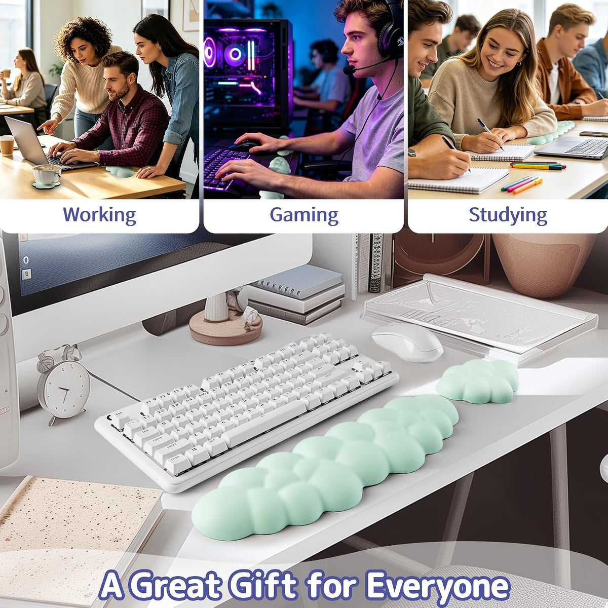 Cloud Wrist Rest Keyboard, Cloud Keyboard Wrist Pad Set with PU Leather Memory Foam, Cute Arm Rest for Palm Support, PC/Gaming Desk Accessories/Office Setup/Computer Hand Cushion - White
