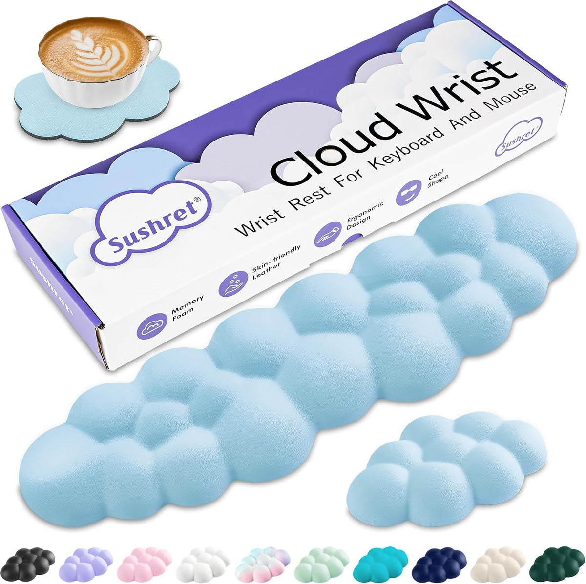 Cloud Wrist Rest Keyboard, Cloud Keyboard Wrist Pad Set with PU Leather Memory Foam, Cute Arm Rest for Palm Support, PC/Gaming Desk Accessories/Office Setup/Computer Hand Cushion - White