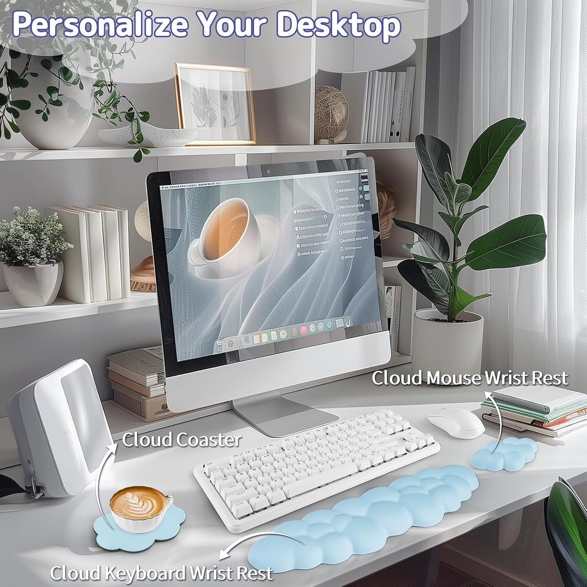 Cloud Wrist Rest Keyboard, Cloud Keyboard Wrist Pad Set with PU Leather Memory Foam, Cute Arm Rest for Palm Support, PC/Gaming Desk Accessories/Office Setup/Computer Hand Cushion - White