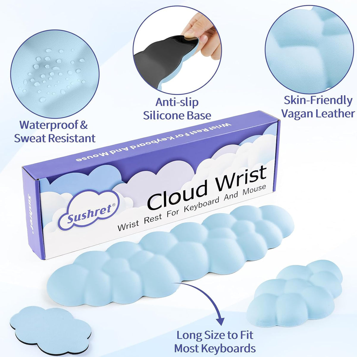 Cloud Wrist Rest Keyboard, Cloud Keyboard Wrist Pad Set with PU Leather Memory Foam, Cute Arm Rest for Palm Support, PC/Gaming Desk Accessories/Office Setup/Computer Hand Cushion - White