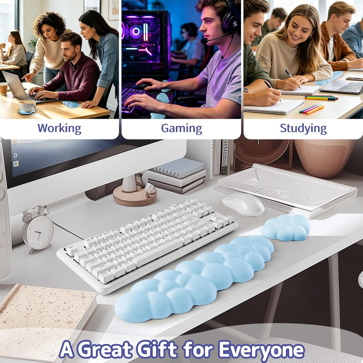 Cloud Wrist Rest Keyboard, Cloud Keyboard Wrist Pad Set with PU Leather Memory Foam, Cute Arm Rest for Palm Support, PC/Gaming Desk Accessories/Office Setup/Computer Hand Cushion - White