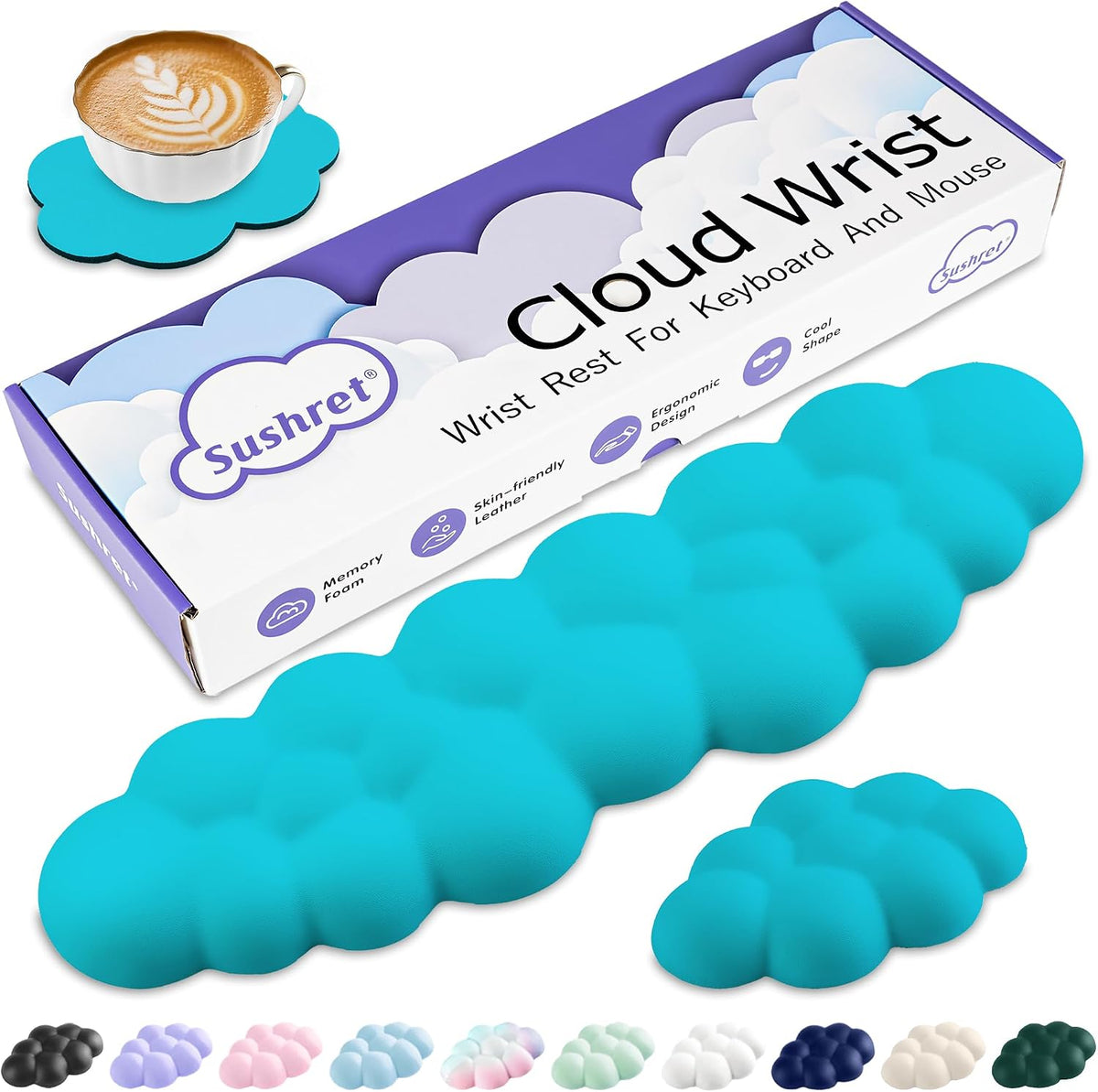 Cloud Wrist Rest Keyboard, Cloud Keyboard Wrist Pad Set with PU Leather Memory Foam, Cute Arm Rest for Palm Support, PC/Gaming Desk Accessories/Office Setup/Computer Hand Cushion - White