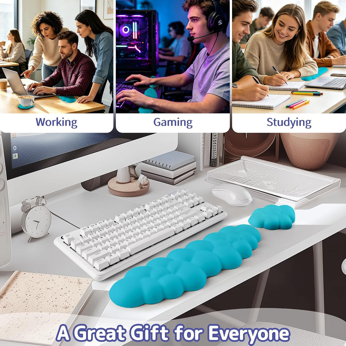 Cloud Wrist Rest Keyboard, Cloud Keyboard Wrist Pad Set with PU Leather Memory Foam, Cute Arm Rest for Palm Support, PC/Gaming Desk Accessories/Office Setup/Computer Hand Cushion - White