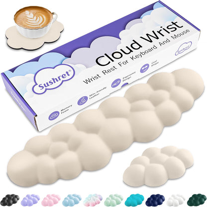 Cloud Wrist Rest Keyboard, Cloud Keyboard Wrist Pad Set with PU Leather Memory Foam, Cute Arm Rest for Palm Support, PC/Gaming Desk Accessories/Office Setup/Computer Hand Cushion - White
