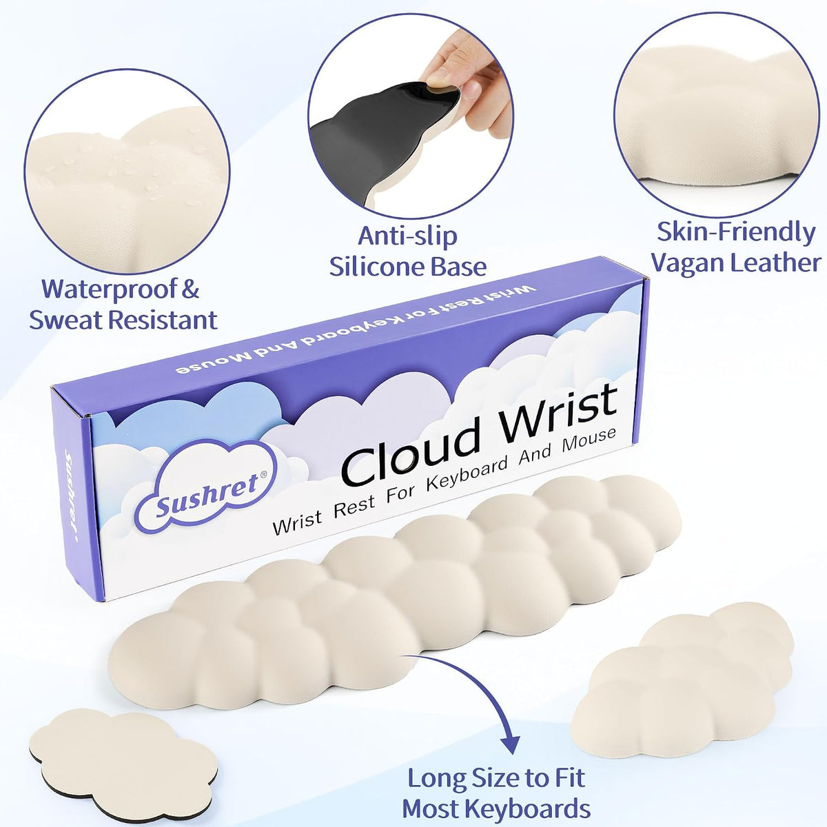 Cloud Wrist Rest Keyboard, Cloud Keyboard Wrist Pad Set with PU Leather Memory Foam, Cute Arm Rest for Palm Support, PC/Gaming Desk Accessories/Office Setup/Computer Hand Cushion - White