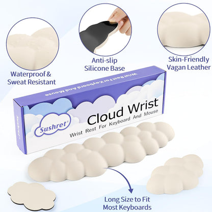 Cloud Wrist Rest Keyboard, Cloud Keyboard Wrist Pad Set with PU Leather Memory Foam, Cute Arm Rest for Palm Support, PC/Gaming Desk Accessories/Office Setup/Computer Hand Cushion - White