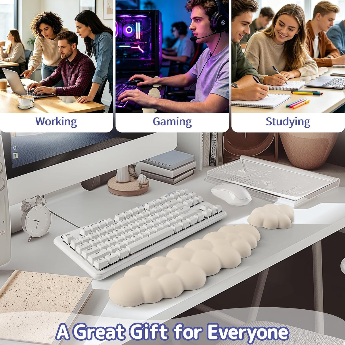 Cloud Wrist Rest Keyboard, Cloud Keyboard Wrist Pad Set with PU Leather Memory Foam, Cute Arm Rest for Palm Support, PC/Gaming Desk Accessories/Office Setup/Computer Hand Cushion - White