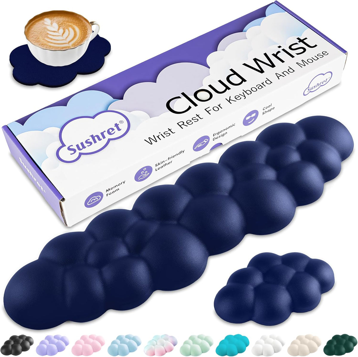 Cloud Wrist Rest Keyboard, Cloud Keyboard Wrist Pad Set with PU Leather Memory Foam, Cute Arm Rest for Palm Support, PC/Gaming Desk Accessories/Office Setup/Computer Hand Cushion - White