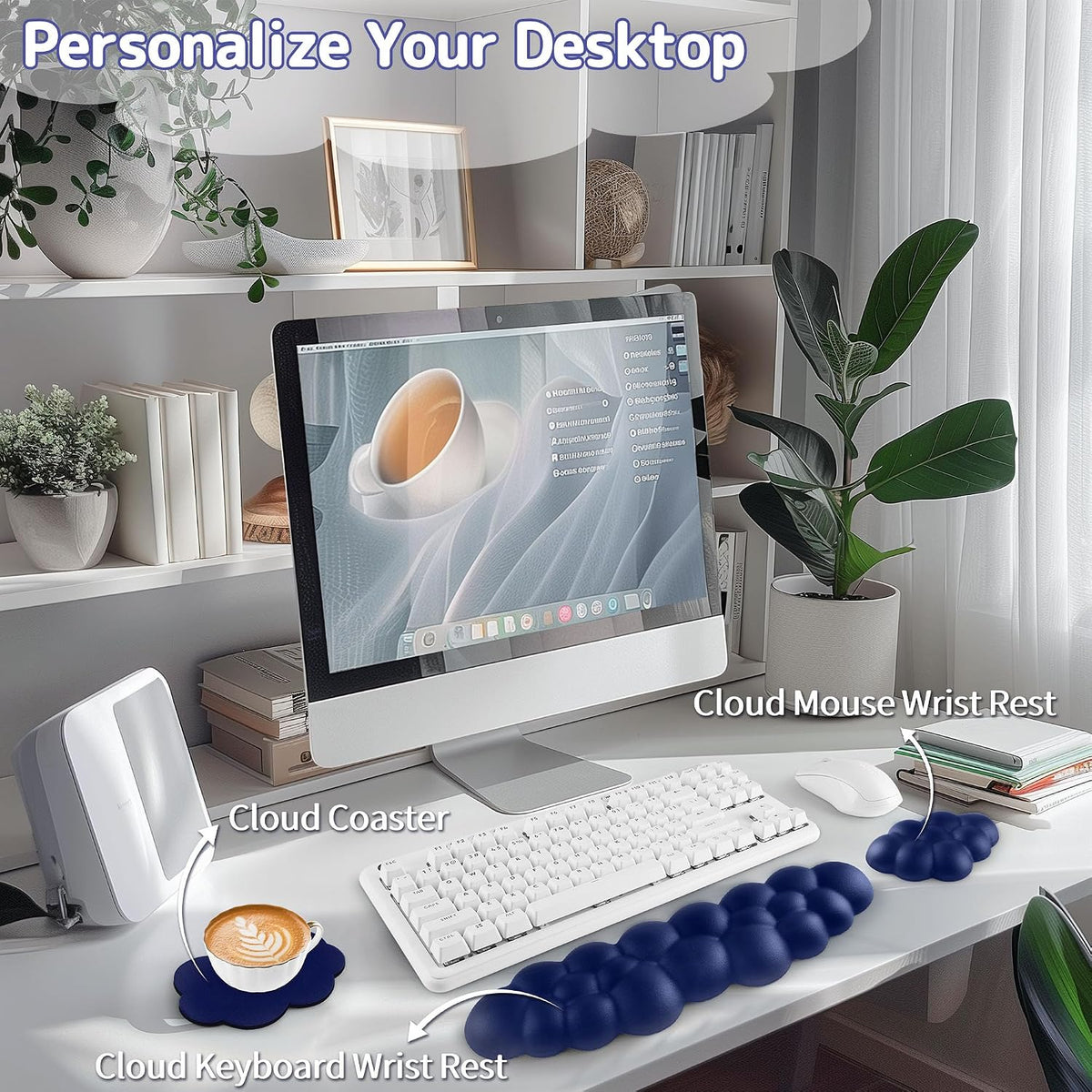 Cloud Wrist Rest Keyboard, Cloud Keyboard Wrist Pad Set with PU Leather Memory Foam, Cute Arm Rest for Palm Support, PC/Gaming Desk Accessories/Office Setup/Computer Hand Cushion - White