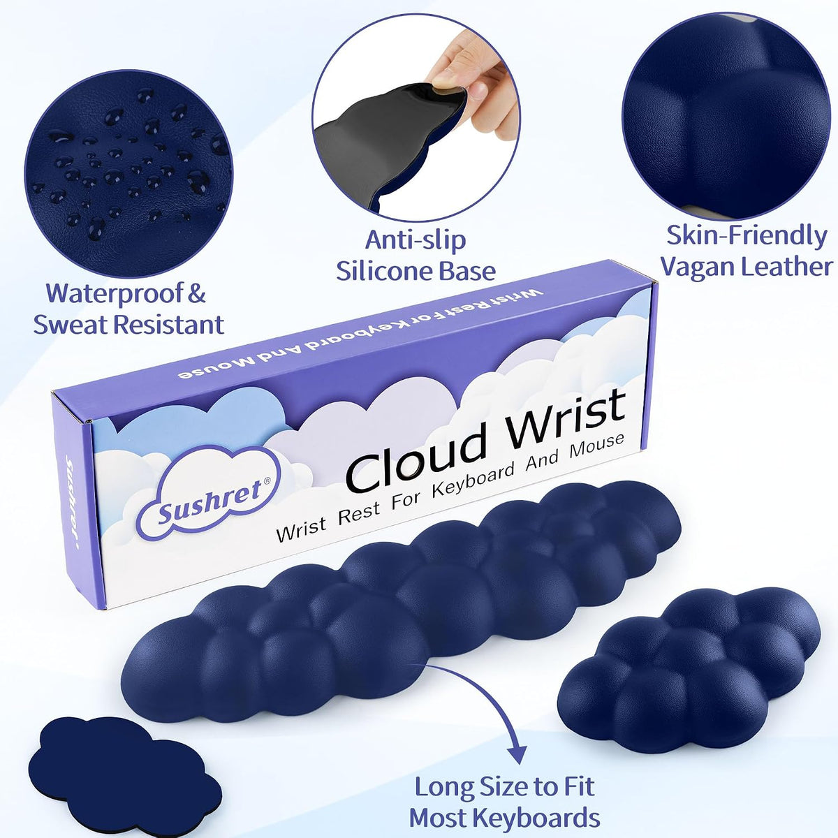 Cloud Wrist Rest Keyboard, Cloud Keyboard Wrist Pad Set with PU Leather Memory Foam, Cute Arm Rest for Palm Support, PC/Gaming Desk Accessories/Office Setup/Computer Hand Cushion - White