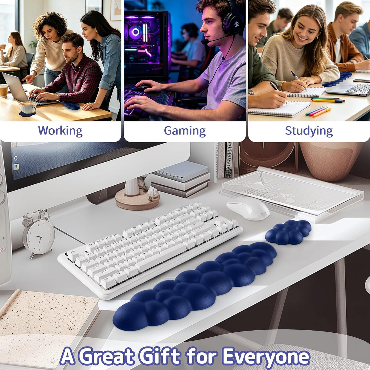 Cloud Wrist Rest Keyboard, Cloud Keyboard Wrist Pad Set with PU Leather Memory Foam, Cute Arm Rest for Palm Support, PC/Gaming Desk Accessories/Office Setup/Computer Hand Cushion - White