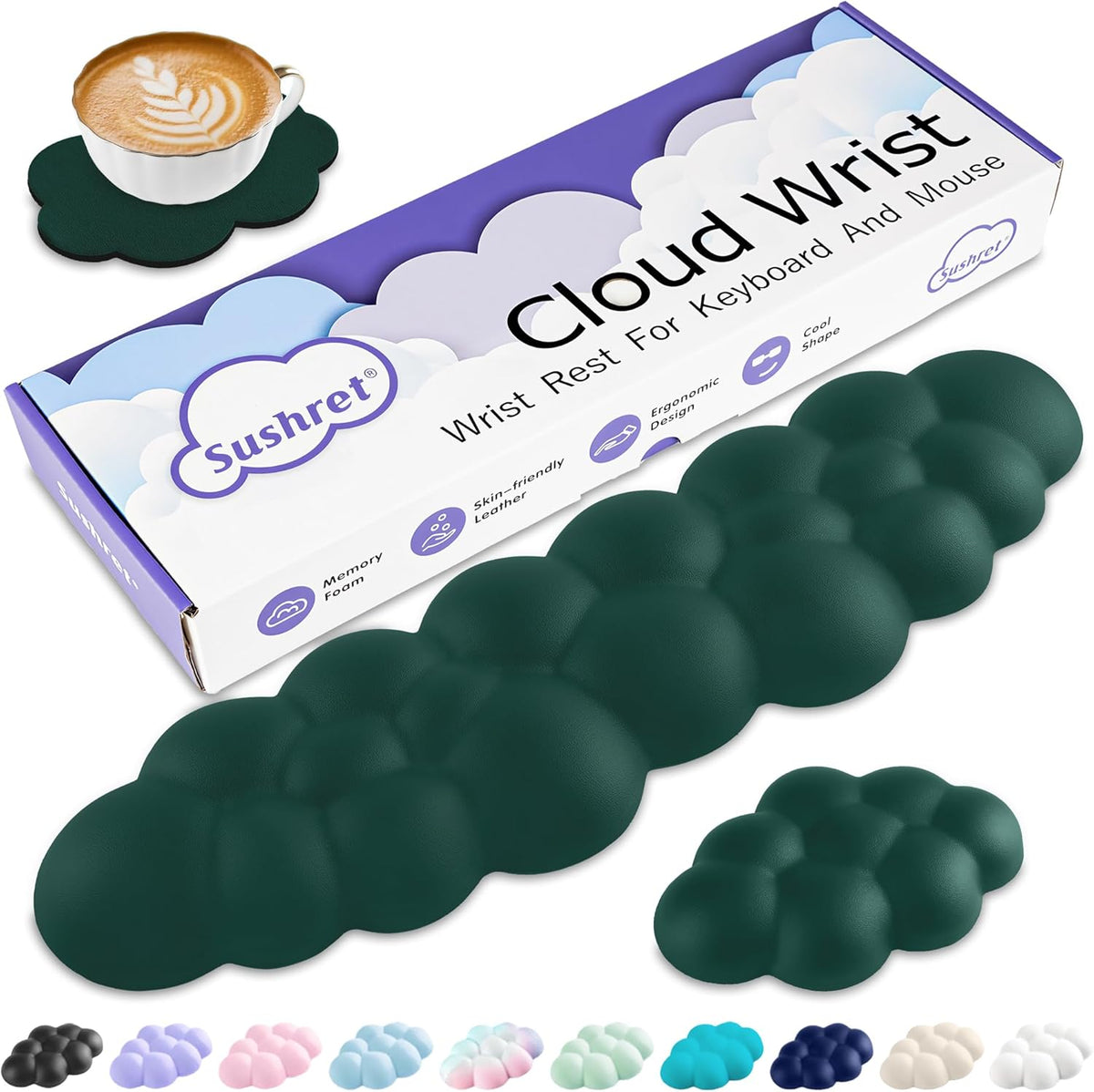 Cloud Wrist Rest Keyboard, Cloud Keyboard Wrist Pad Set with PU Leather Memory Foam, Cute Arm Rest for Palm Support, PC/Gaming Desk Accessories/Office Setup/Computer Hand Cushion - White